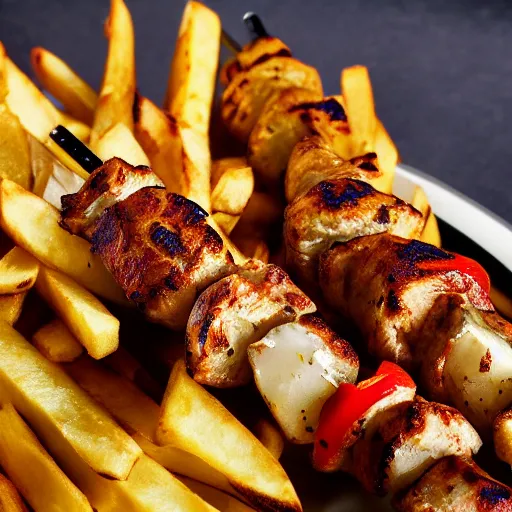 Prompt: a delicious looking kebab with fries,close up shot,high definition