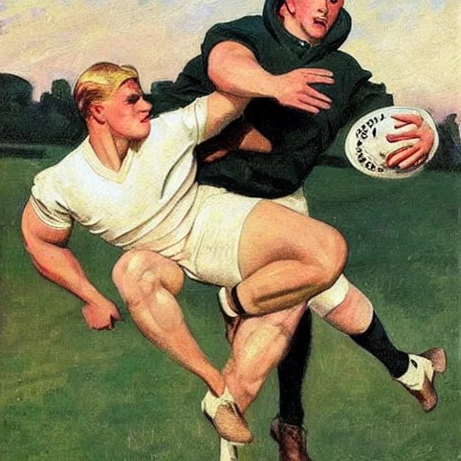 Image similar to 1920s a handsome blonde rugby player tackling a handsome brunette rugby player, rugby ball in the air, full color painting by J.C. Leyendecker