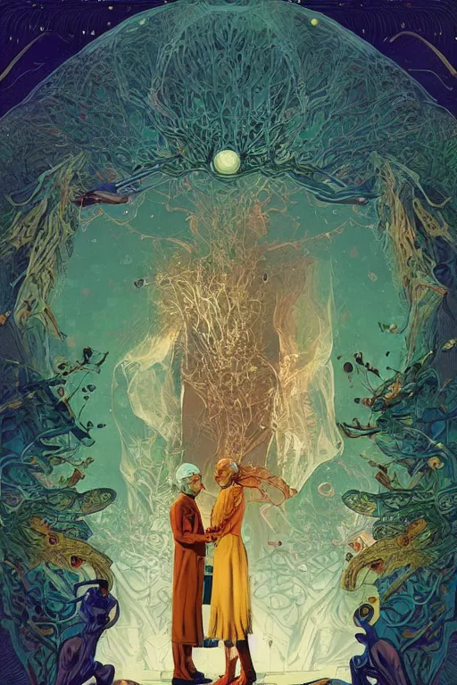 Prompt: poster artwork by Michael Whelan and Tomer Hanuka, Karol Bak of collective neurological consciousness as imagined by Carl Jung, from scene from Carnivale, clean, simple illustration, nostalgic, domestic, full of details