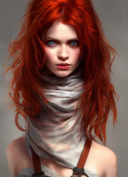 Image similar to Beautiful redhead girl which chest wrapped in bandages, portrait, fantasy, medieval, vivid colors, fantasy, elegant, concept art, sharp focus, beautiful face, digital art, Hyper-realistic, 4K, Unreal Engine, Highly Detailed, HD, Dramatic Lighting by Brom, trending on Artstation