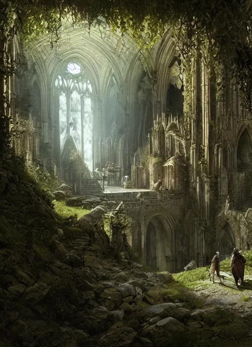 Image similar to medieval adventurers in lord of the rings scenery landscape, inside an enormous overgrown cathedral, stream, treasure, reflections, portal to another dimension, highly detailed, cinematic lighting, perfect composition, 4 k, gustave dore, derek zabrocki, greg rutkowski, belsinski, octane render