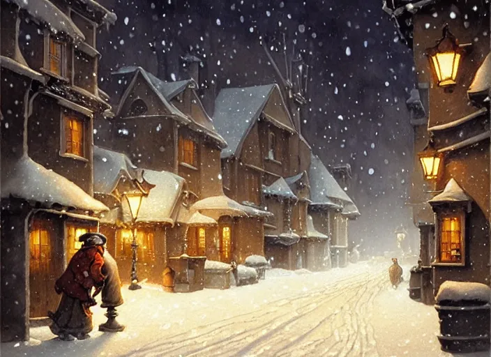 Image similar to a night scene of a snowy street, a detailed painting by anton pieck and gil elvgren, deviantart contest winner, fantasy art, concept art, official art