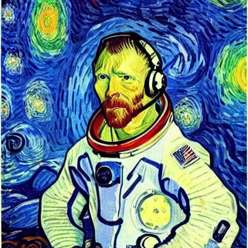 Image similar to portrait of astronaut, starry night in background, by van gogh