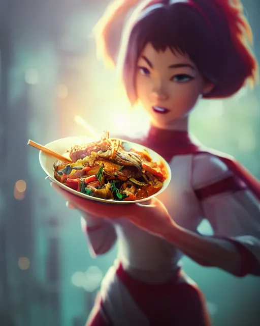 Image similar to movie still macro close photo of anonymous holding stirfry to face, by weta disney pixar greg rutkowski wlop ilya kuvshinov rossdraws artgerm octane render iridescent, bright morning, liosh, mucha