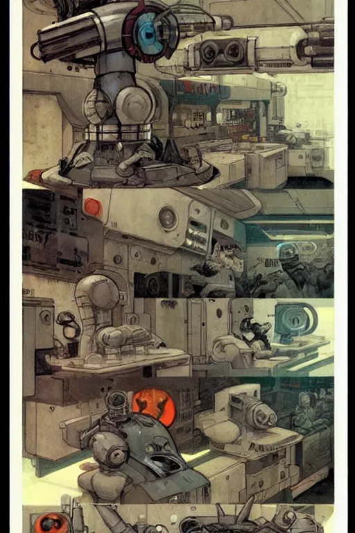 Prompt: comic book graphic page layout ( ( ( ( ( 1 9 5 0 s retro future robot lab interior. muted colors. ) ) ) ) ) by jean - baptiste monge!!!!!!!!!!!!!!!!!!!!!!!!!!!!!!