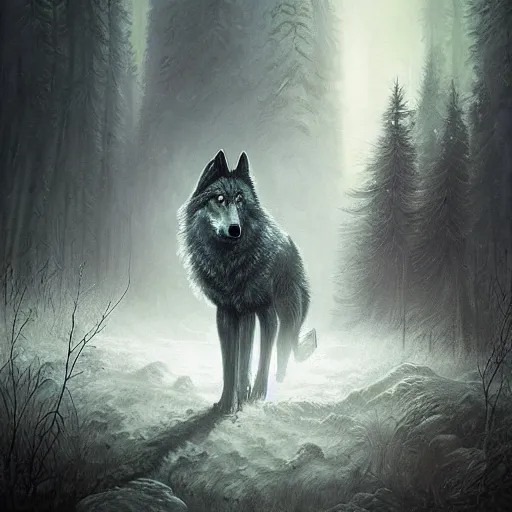 Prompt: wolf by anna podedworna, trending on artstation