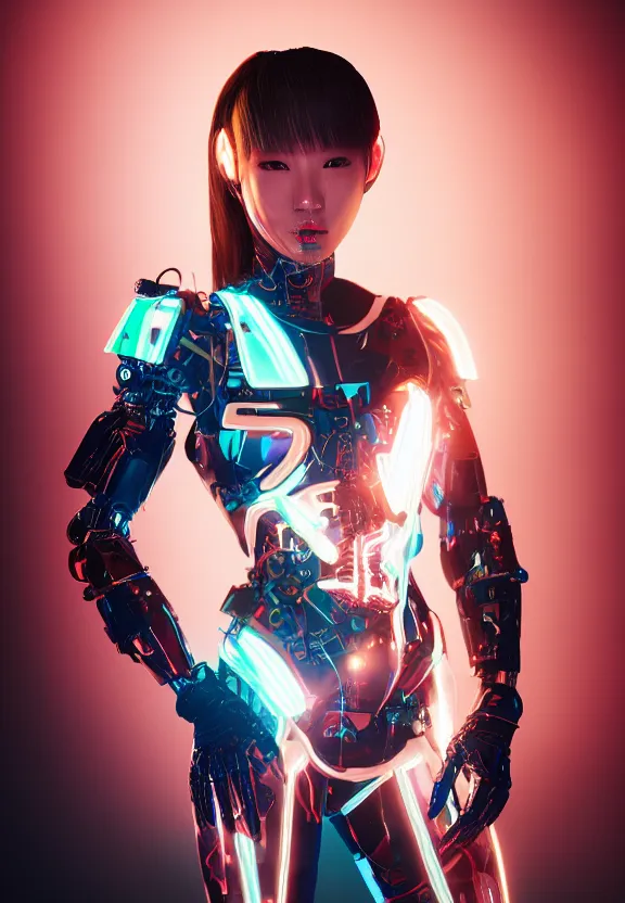 Image similar to full body portrait photo of japanese model cyborg with digital led skin, neon lighting, techno neon projector background, portrait photo, intricate details, ultra realistic, unreal engine 5, depth of field, bokeh, octane render, 8 k hd