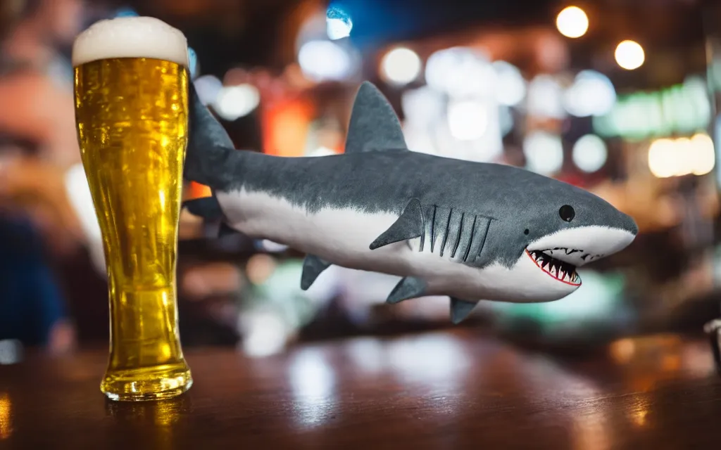 Image similar to Shark plush ordering a beer at a bar, stuffed toy, fish, dim lighting, 50mm, depth of field, beer