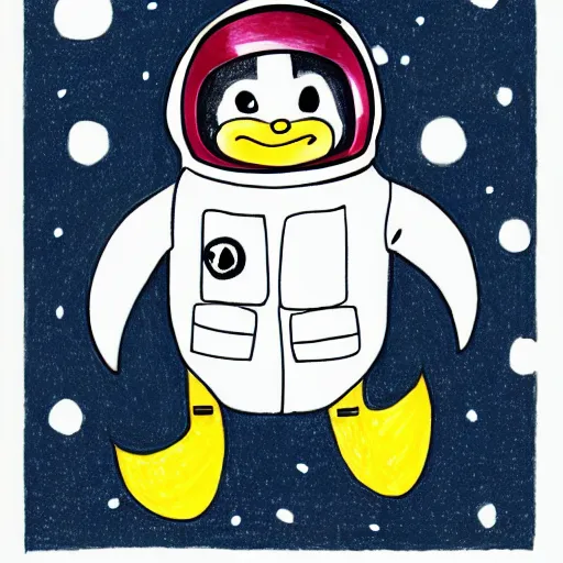 Image similar to cute drawing of a penguin baby on an astronaut suit, helmet on, floating on space, minimalist cartoon style, solid color