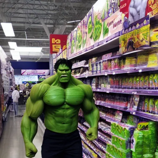 Image similar to the incredible hulk shoping at walmart