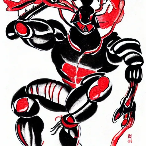 Image similar to black scorpion bug red glowing eyes drawn by Shuichi Shigeno and Michiharu Kusunoki pen ink drawing