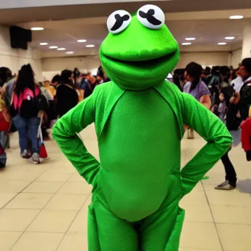 Prompt: a robot in a kermit the frog costume at a anime convention