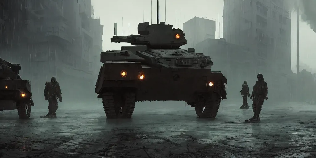 Prompt: a film still from district 9 by stanislav poltavsky, an anti - crime military tank patrols an alley on an industrial planet city, vibrant, 5 0 mm lens, video game character and environment design, behance hd, studio, urban patrol, evening, dramatic lighting, misty and raining, cinematic, global illumination, trending on artstation, bloom