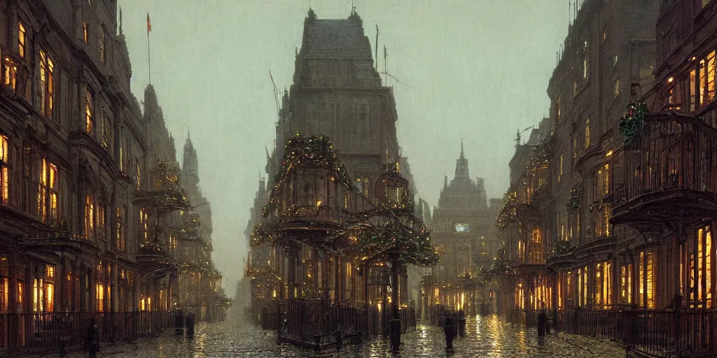 Image similar to Victorian city street with balconies and plants on a Christmas winter in London, evening, low angle view, detailed matte painting, cinematic, John Atkinson Grimshaw, Artstation