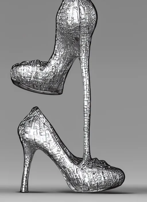 Prompt: beautiful ultra detailed photo of a dragon high heel made out of chrome metal material, artstation