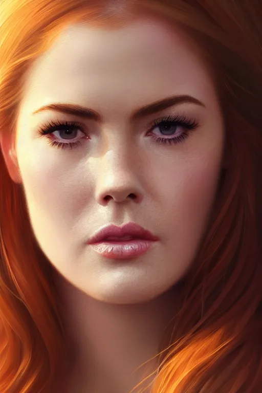 Image similar to ultra detailed close up facial portrait of isla fisher, extremely detailed digital painting, in the style of fenghua zhong and ruan jia and jeremy lipking and peter mohrbacher, mystical colors, rim light, beautiful lighting, 8 k, stunning scene, raytracing, octane, trending on artstation