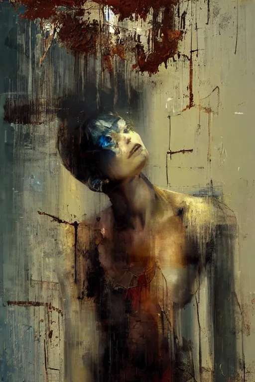 Image similar to a beautiful glitched painting by christian hook of a woman in a bathroom, metal rust and plaster materials, brushstrokes by jeremy mann, still life, dark colors