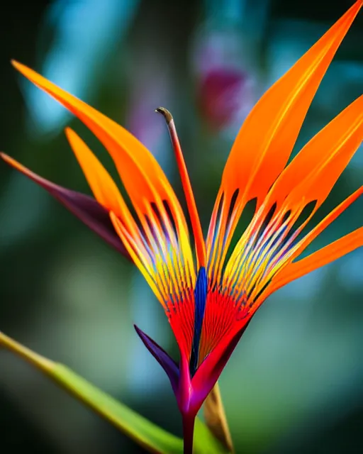 Prompt: super sharp microphotography ornate Birds of Paradise flowers dali robert steven connett dramatic orange light 8k low angle shallow depth of field