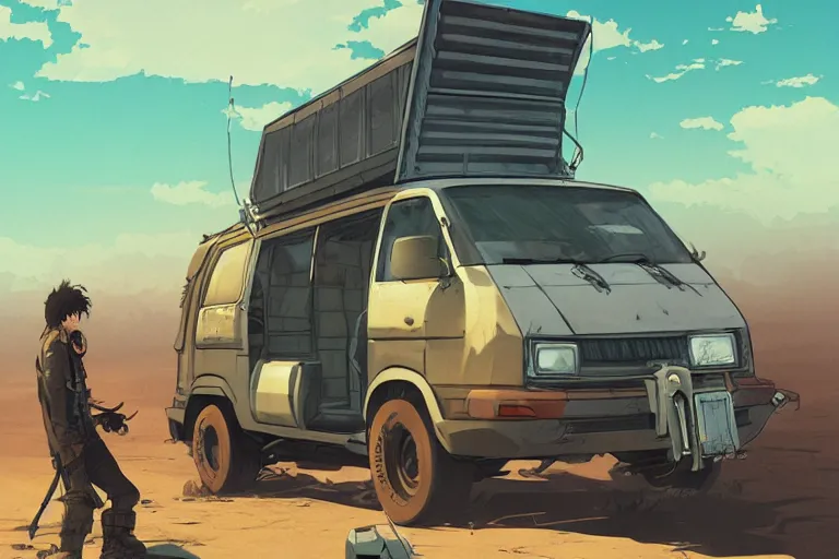 Image similar to digital illustration of mad max's hiace van by makoto shinkai, ilya kuvshinov, lois van baarle, rossdraws, basquiat