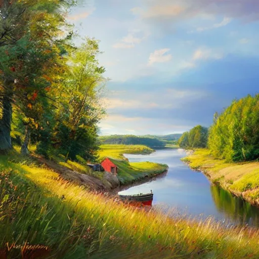 Image similar to Swedish countryside, freedom, dawn, archipelago, painting by Vladimir Volegov