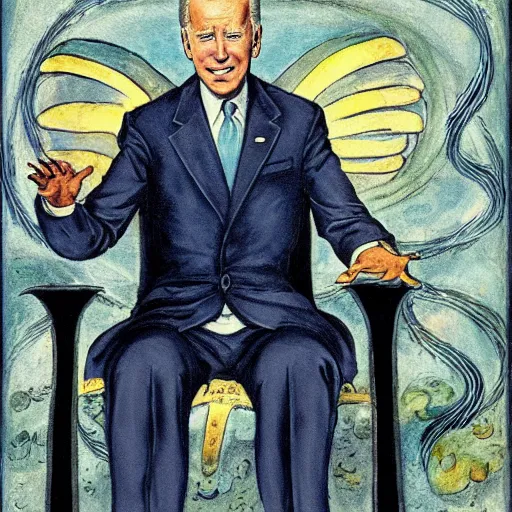 Image similar to joe biden as demiurge creating 1 9 5 0 s world, painting by william blake and jon mcnauhgton