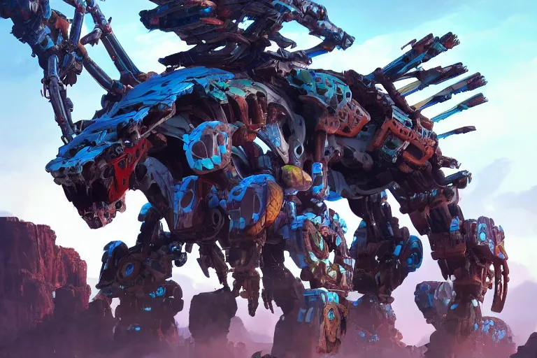 Image similar to thunderjaw machine mecha animal beast robot of horizon forbidden west horizon zero dawn bioluminiscence global illumination ray tracing hdr fanart arstation by sung choi and eric pfeiffer and gabriel garza and casper konefal