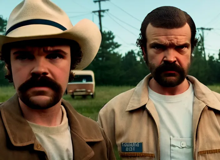 Image similar to film still of jim hopper as dustin henderson in stranger things, 8 k