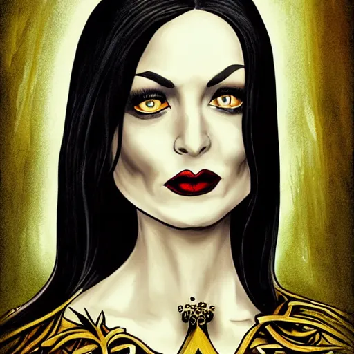 Image similar to Morticia Addams tarot card, gothic art, subdued color, detailed, eerie, emotional, gothic, sad, agitated, highly detailed, incredibly sharp focus, Artstation, deviantart, artgem, insane detail, intense black line art, precision detail, golden ratio, in the style of Heavy Metal Comics