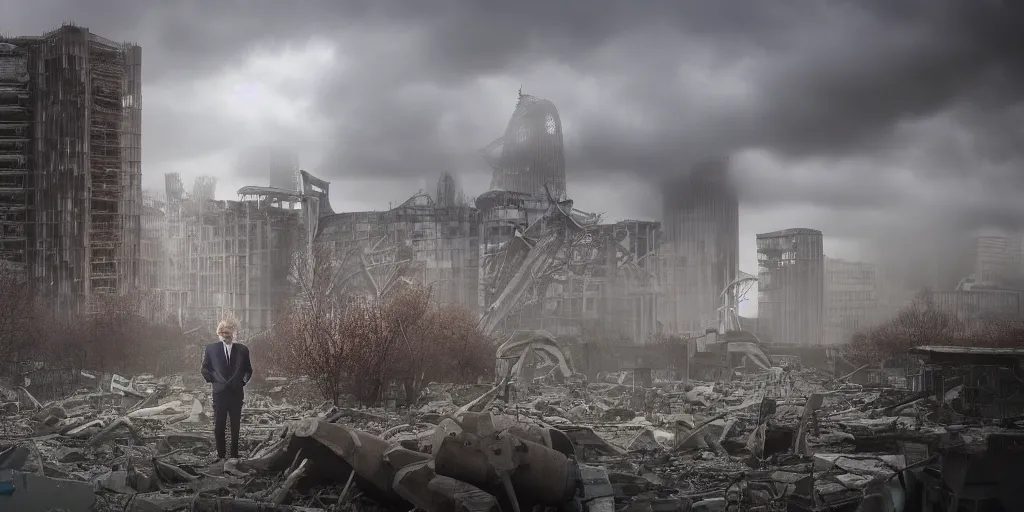 Image similar to a color photograph of Boris Johnson standing in front a nuclear landscape of the southbank centre in london, the london eye and big ben are still standing, collapsed brutalist architecture, groups of human figures stagger amongst the ruins, fog, dust atmosphere, brooding clouds, mushroom cloud, detailed, 4k, Fallout, postapocalyptic