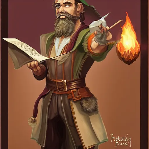 Prompt: Young bearded Tarski Fiume holding a scroll, half-elf Time Wizard, iconic character art by Wayne Reynolds for Paizo Pathfinder RPG