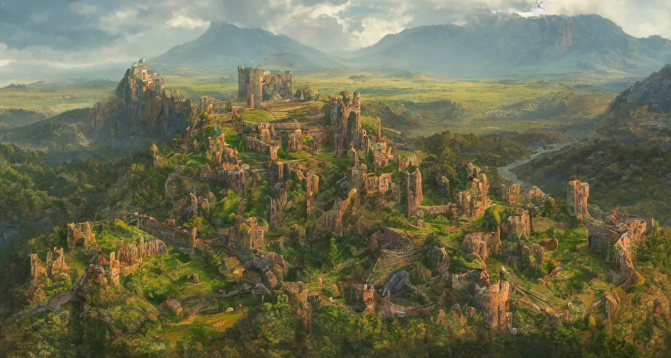 Prompt: A birdview isometric landscape painting with a vast fortress and castle complex on a hile, with grasslands mountains and riviers in the background, in the style of concept artist Michael Kus