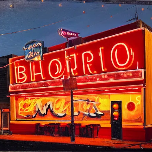 Prompt: painting of a bar exterior in antique western town with neon signs, todd hido