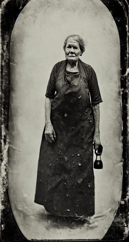 Prompt: a wet plate photograph, a portrait of an older washer woman in an apron