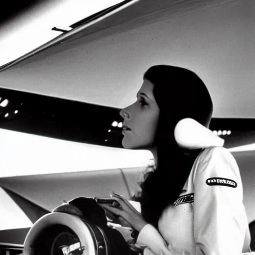 Image similar to a beautiful dark - haired girl piloting a concorde while smoking a gauloise 1 9 7 9 photo