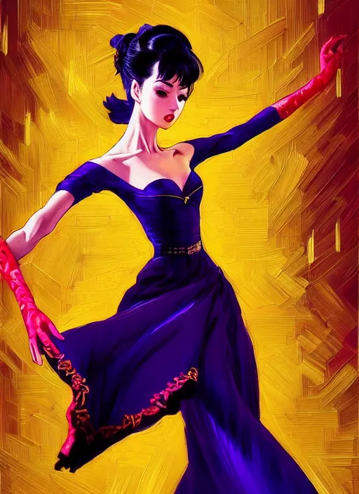 Image similar to a beautiful dancer with black hair in 1960's fashion, ballroom background, intricate, highly detailed, digital painting, artstation, official media, anime key visual, concept art, rich vivid colors, ambient lighting, sharp focus, illustration, art by Artgerm, Makoto Shinkai, Ilya Kuvshinov, Lois Van Baarle, and Rossdraws