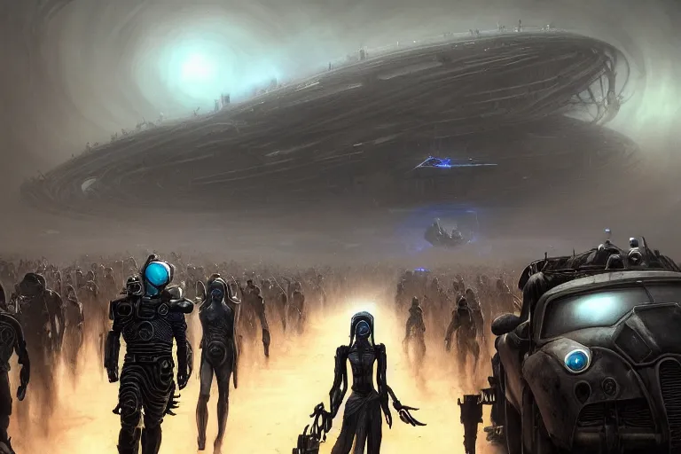 Image similar to a crowd of androids walking in a line along a spiral path towards an ancient alien portal, pilgrimage, in mad max style, stargate, coriolios rpg art style, full of details, dark sci - fi, cold blue colors, matte painting, artstation, 8 k, hyperrealistic, style of peter mohrbacher