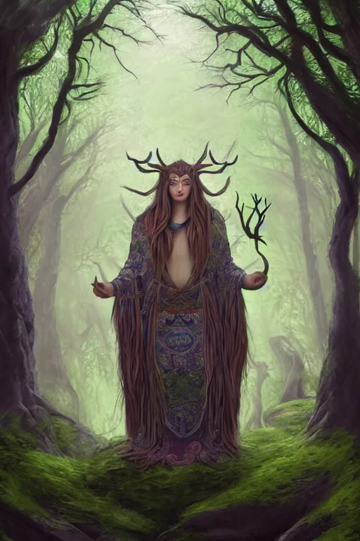 Prompt: gaelic forest spirit, qirin, god, deity, serene, wide angle, super highly detailed, professional digital painting, artstation, concept art, smooth, sharp focus, no blur, no dof, extreme illustration, Unreal Engine 5, Photorealism, HD quality, 8k resolution, cinema 4d, 3D, beautiful, cinematic, art by artgerm and greg rutkowski and alphonse mucha and loish and WLOP