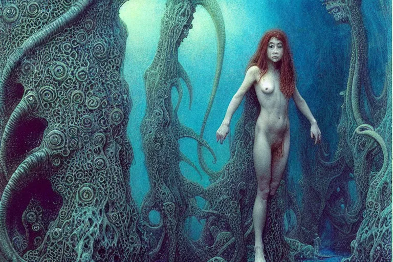 Prompt: cute young alyson hannigan with short hairs in lovecraftian underwater realm by jean delville by luis royo and wayne barlowe, beksinski