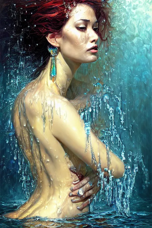 Image similar to portrait of a beautiful woman, drenched body, emerging from the water, dark fantasy, regal, fractal crystal, fractal gemstones, by stanley artgerm lau, thomas kindkade, loish, norman rockwell