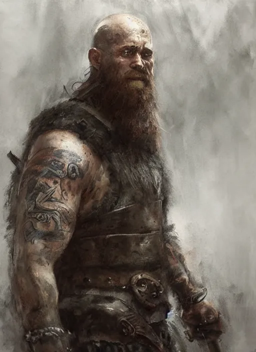 Image similar to portrait painting of viking berserker with a dinosaur tattoos, by jeremy mann, only one head single portrait