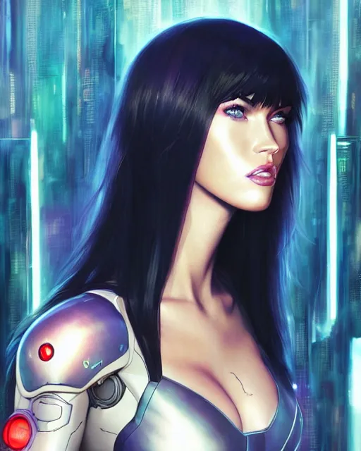 Image similar to still portrait photo of megan fox as the major ghost in the shell as cyborg woman by pixar, by weta, wlop, ilya kuvshinov, rossdraws, artgerm, maxim cover, latex, sweaty, iridescent, bright morning, anime, liosh, mucha