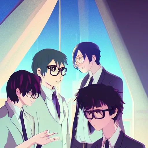 Prompt: four shy male friends with their faces hidden by hair standing next to each other and to reverend bayes, they all wear thick glasses and want to learn statistics from the minister thomas bayes who is showing them the way, twilight, dusk, poster art by makoto shinkai, featured on pixiv, environmental art, official art, anime, movie poster