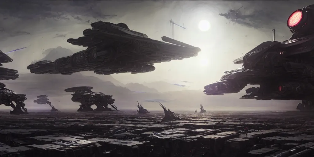 Image similar to hyper realistic sci - fi matte concept art painting of epic cinematic battle between a variety of mechwarriors fighting on mercury with solar panels in background, brightly lit!, beautiful details, strong composition painted by kim jung guweta studio rutkowski, james gurney and greg rutkowski, and lucasfilm, smooth, intricate, detailed, sharp focus, cinematic