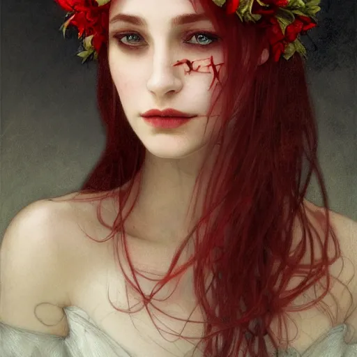 Image similar to portrait of beautiful vampire, flower crown, thorn everywhere, headshot, pale skin, 4k, rule of thirds, extreme detail, detailed drawing, trending artstation, hd, fantasy, D&D, realistic lighting, by Alphonse Mucha, Greg Rutkowski, sharp focus, backlit, bright red hair