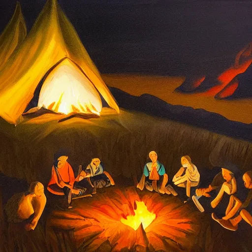 Prompt: tourists around campfire at night painting