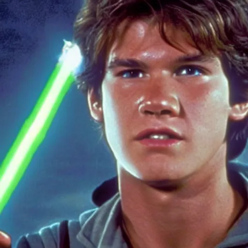 Image similar to A full color still from a film of a teenage Han Solo as a Jedi padawan holding a lightsaber hilt, from The Phantom Menace, directed by Steven Spielberg, 35mm 1990