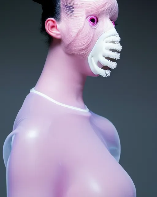 Image similar to portrait of a woman wearing a white embroidered translucent silicone mask and white neon pink frizzy hair buns, wearing a black bodysuit by alexander mcqueen, cream white background, soft diffused light, biotechnology, humanoide robot, bjork aesthetic, translucent, by rineke dijkstra, intricate details, highly detailed, masterpiece,