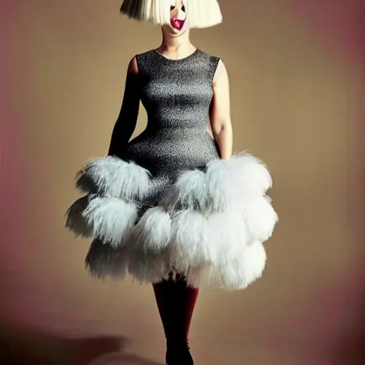 Image similar to Sia furler photoshoot wearing a dress full body puffy wig