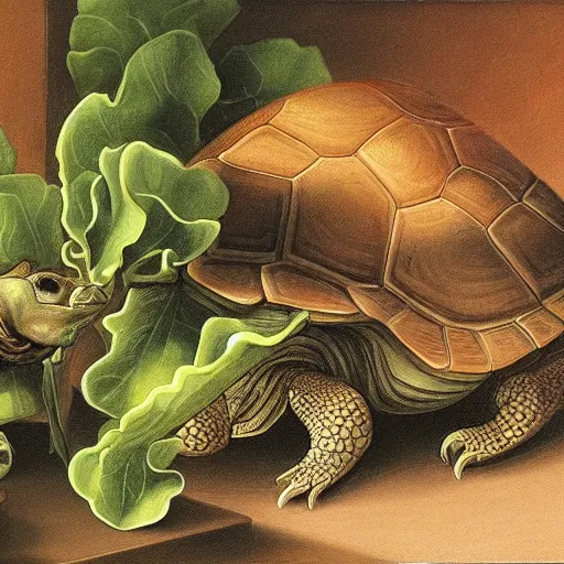 Prompt: Tortoise eating lettuce, art noveau, HD