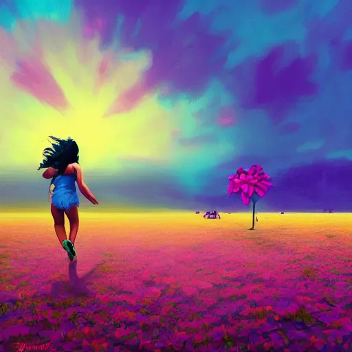 Image similar to portrait, giant purple dahlia flower head, woman running at orange beach, surreal photography, sunrise, blue sky, dramatic light, impressionist painting, digital painting, artstation, simon stalenhag